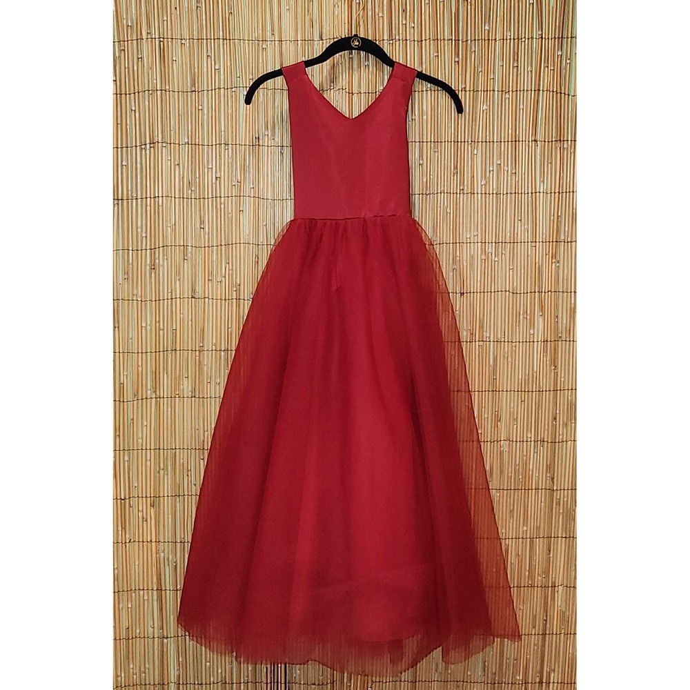 Girls Red Tulle Formal Long Dress Back Bow Christmas Party Photo Medium Chest 27 - Picture 3 of 7